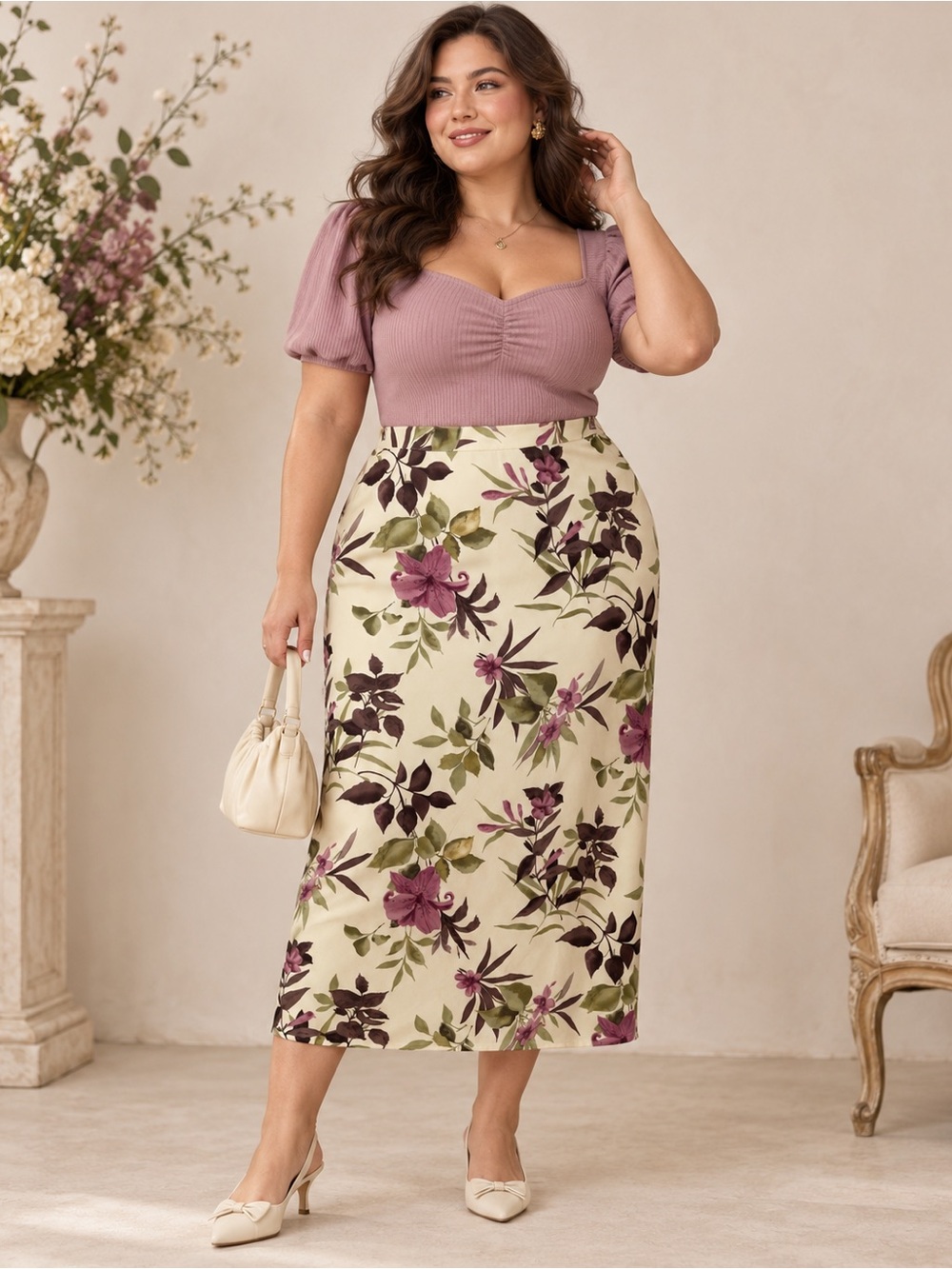 Vintage 100 % Silk White Purple Plus Size Floral A-Line Midi Skirt - Size 16